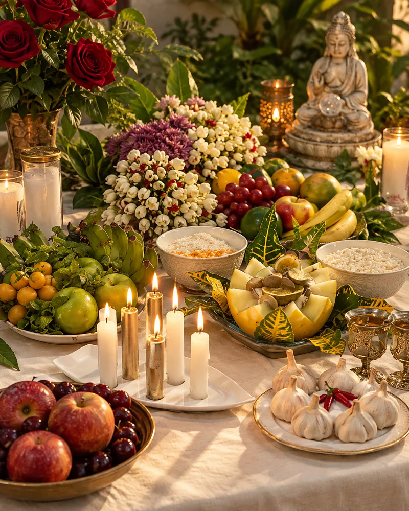 Mesa de orientação espiritual com velas, flores e frutas em tons dourados e creme