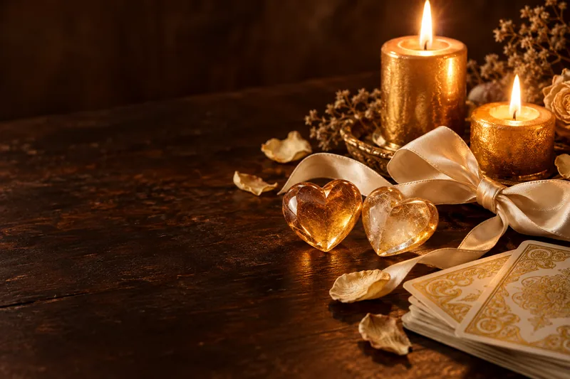 Corações de cristal âmbar, fita de seda e velas acesas sobre mesa de madeira escura