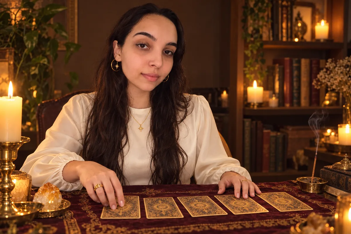 Renata em consulta de tarô, distribuindo as cartas sobre a mesa à luz de velas