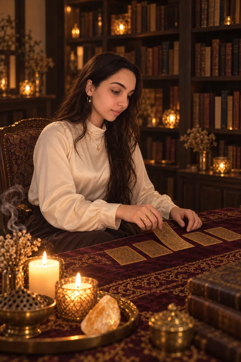 Renata atendendo à mesa com cartas de tarô